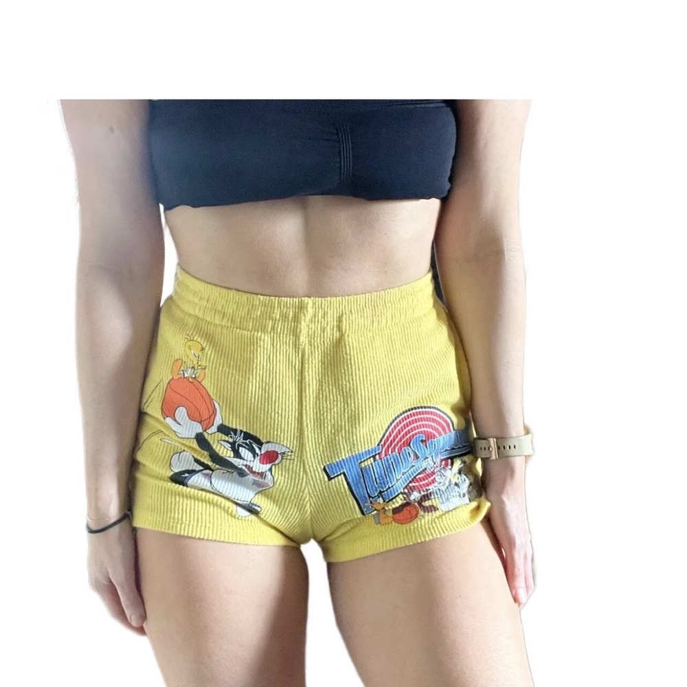 Vintage y2k Space Jam yellow corduroy graphic high Waisted shorts Sz s